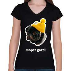 PRINTFASHION mopsz gazdi 4 - Női V-nyakú póló - Fekete
