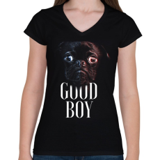 PRINTFASHION Mopsz - Good Boy - Női V-nyakú póló - Fekete