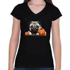 PRINTFASHION mopsz tökkel - Női V-nyakú póló - Fekete