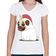PRINTFASHION Mopsz unikornis - Női V-nyakú póló - Fehér női póló