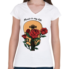 PRINTFASHION Music is my life - Rózsás gitár - Női V-nyakú póló - Fehér női póló