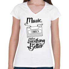 PRINTFASHION Music makes everything better - Női V-nyakú póló - Fehér