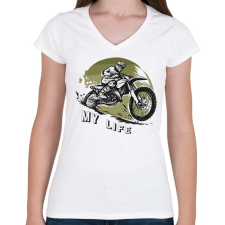 PRINTFASHION My life - Motoros minta - Női V-nyakú póló - Fehér női póló
