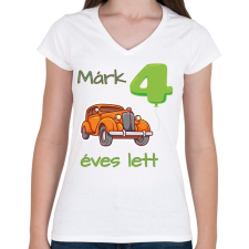 PRINTFASHION Narancssárga kocsi - Névvel, számmal - Női V-nyakú póló - Fehér női póló