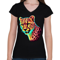 PRINTFASHION Neon gepárd  - Női V-nyakú póló - Fekete