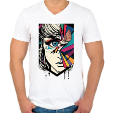 PRINTFASHION Női szem és madár - Férfi V-nyakú póló - Fehér férfi pulóver, kardigán