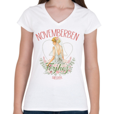 PRINTFASHION Novemberbe férjhez megyek - Női V-nyakú póló - Fehér