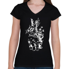 PRINTFASHION nyuszi virágokkal fehér - Női V-nyakú póló - Fekete