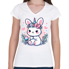 PRINTFASHION Nyuszikornis - Női V-nyakú póló - Fehér