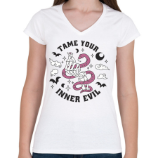 PRINTFASHION Ördög legbelül, szelídítsd meg - Női V-nyakú póló - Fehér női póló