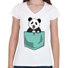 PRINTFASHION Panda zsebben - Női V-nyakú póló - Fehér női póló