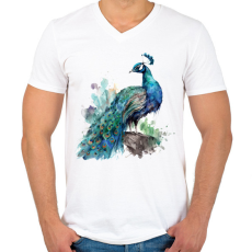 PRINTFASHION páva - Férfi V-nyakú póló - Fehér