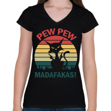 PRINTFASHION Pew pew madafakas cica - Női V-nyakú póló - Fekete női póló