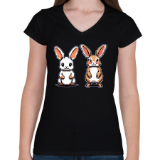 PRINTFASHION pixel nyuszik - Női V-nyakú póló - Fekete női póló