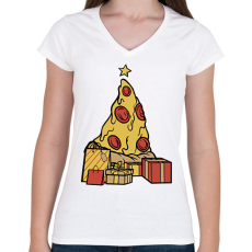 PRINTFASHION Pizza karácsonyfa - Női V-nyakú póló - Fehér