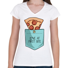 PRINTFASHION Pizzás zseb - Női V-nyakú póló - Fehér női póló
