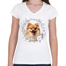 PRINTFASHION pomerániai törpespicc virágokkal - Női V-nyakú póló - Fehér női póló