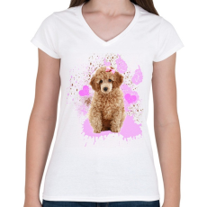 PRINTFASHION pudli - Női V-nyakú póló - Fehér