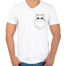 PRINTFASHION Rajzolt cica zsebben - Férfi V-nyakú póló - Fehér férfi póló