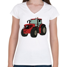 PRINTFASHION Red traktor - Női V-nyakú póló - Fehér
