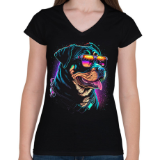 PRINTFASHION Retro Rottweiler - Női V-nyakú póló - Fekete
