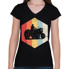 PRINTFASHION Retro traktoros - Női V-nyakú póló - Fekete
