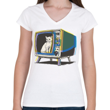 PRINTFASHION Retro TV - Női V-nyakú póló - Fehér női póló