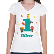 PRINTFASHION Robotos szülinap - Névvel - Női V-nyakú póló - Fehér női póló