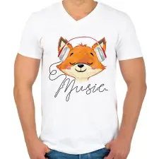 PRINTFASHION Róka fejhallgatóval - Férfi V-nyakú póló - Fehér férfi póló