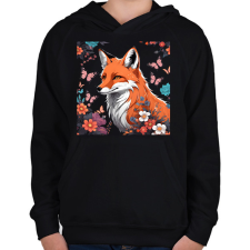 PRINTFASHION róka pillangókkal és virágokkal - Gyerek kapucnis pulóver - Fekete gyerek pulóver, kardigán