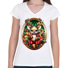 PRINTFASHION Rudolf, a piros orrú rénszarvas - Női V-nyakú póló - Fehér női póló