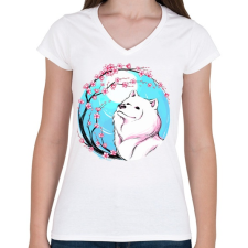 PRINTFASHION Samoyed, szamojéd - Női V-nyakú póló - Fehér női póló
