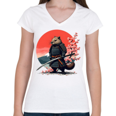 PRINTFASHION Samurai bober - Női V-nyakú póló - Fehér