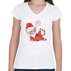 PRINTFASHION Santa Cat - Női V-nyakú póló - Fehér