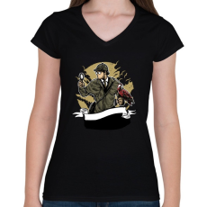 PRINTFASHION Sherlock Holmes - Női V-nyakú póló - Fekete