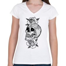 PRINTFASHION Skull and Rose - Női V-nyakú póló - Fehér női póló