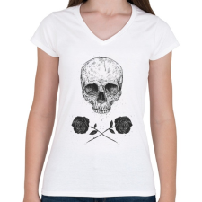 PRINTFASHION Skull N' Roses - Női V-nyakú póló - Fehér női póló
