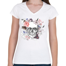 PRINTFASHION Skull with Flowers - Női V-nyakú póló - Fehér női póló
