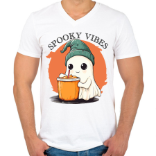 PRINTFASHION Spooky Vibes Cuki Halloween Szellem - Férfi V-nyakú póló - Fehér férfi póló