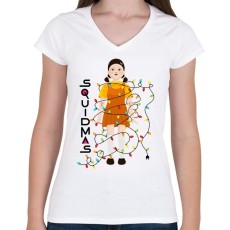 PRINTFASHION Squid Game Doll - Karácsony - Női V-nyakú póló - Fehér