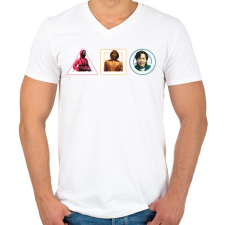 PRINTFASHION Squid Game logo és karakterek - Férfi V-nyakú póló - Fehér férfi póló