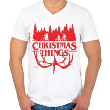 PRINTFASHION Stranger things christmas things piros - Férfi V-nyakú póló - Fehér férfi póló