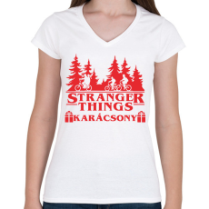 PRINTFASHION Stranger Things karácsony - Női V-nyakú póló - Fehér