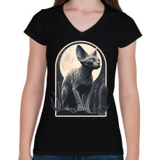 PRINTFASHION Szfinx macska és a hold - Női V-nyakú póló - Fekete