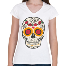 PRINTFASHION Színes halálfej - Női V-nyakú póló - Fehér