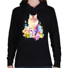 PRINTFASHION Színes maine coon - Női kapucnis pulóver - Fekete