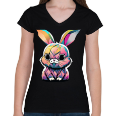 PRINTFASHION Színes nyuszi - Női V-nyakú póló - Fekete