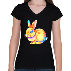 PRINTFASHION Színes nyuszi - Női V-nyakú póló - Fekete