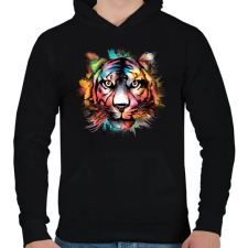 PRINTFASHION Színes tigris - Férfi kapucnis pulóver - Fekete férfi pulóver, kardigán