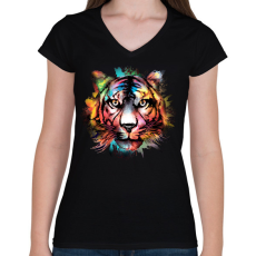 PRINTFASHION Színes tigris - Női V-nyakú póló - Fekete